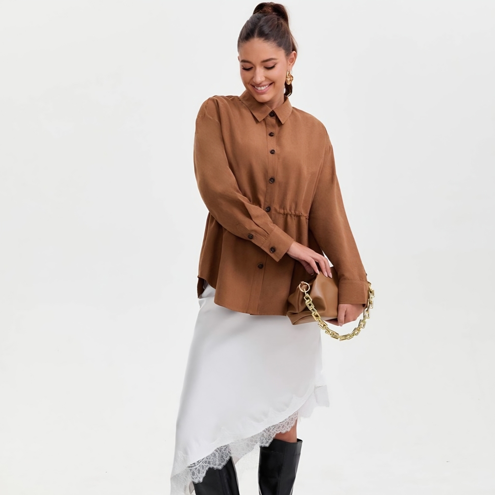 A New Day Brown Button Down, Drawstring Shirt NWT - image 1